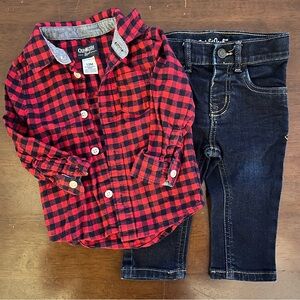 Boys holiday outfit - Buffalo plaid button down and jeans both *12 months*